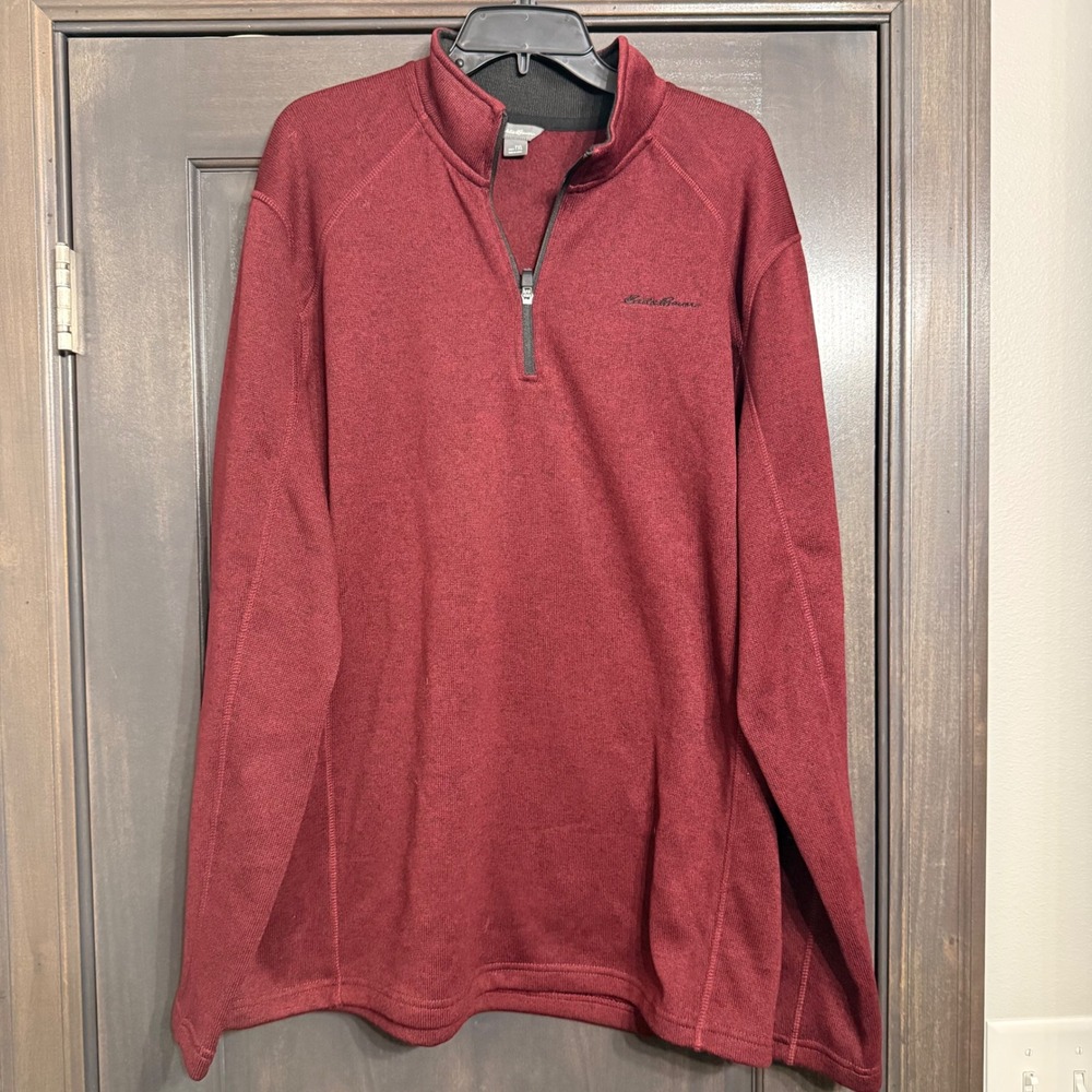 Eddie Bauer Mens TXL Burgundy Heather Quarter Zip Pullover Mock Neck Sweater